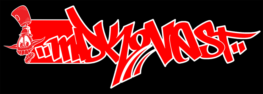 bright red tag name MDK ONE ST signifying medik one street created by street artist Kevin Hommert